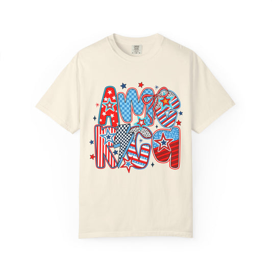 Patriotic 'AMERICA' Graphic T-Shirt – Red White Blue 4th of July Tee