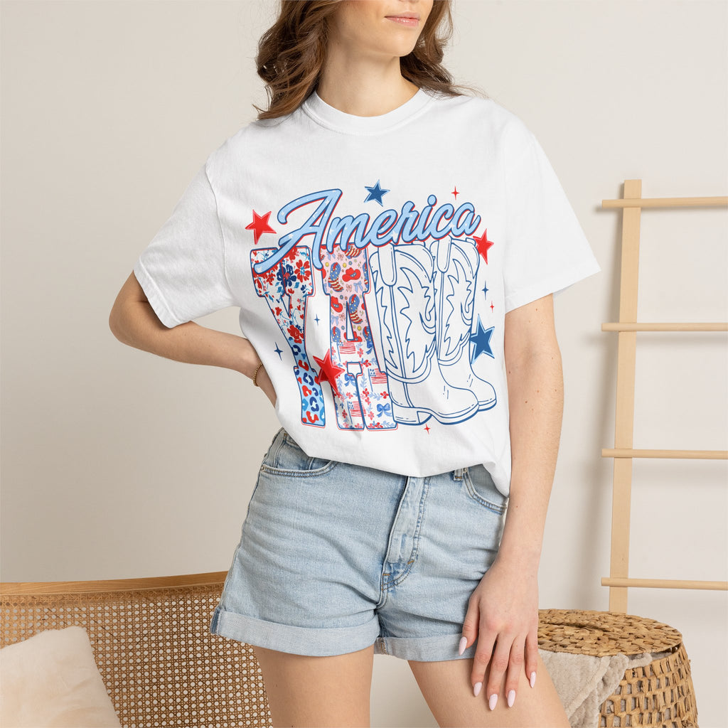 America Y'all T-Shirt — Patriotic Cowboy Boots & Stars Tee for 4th of July