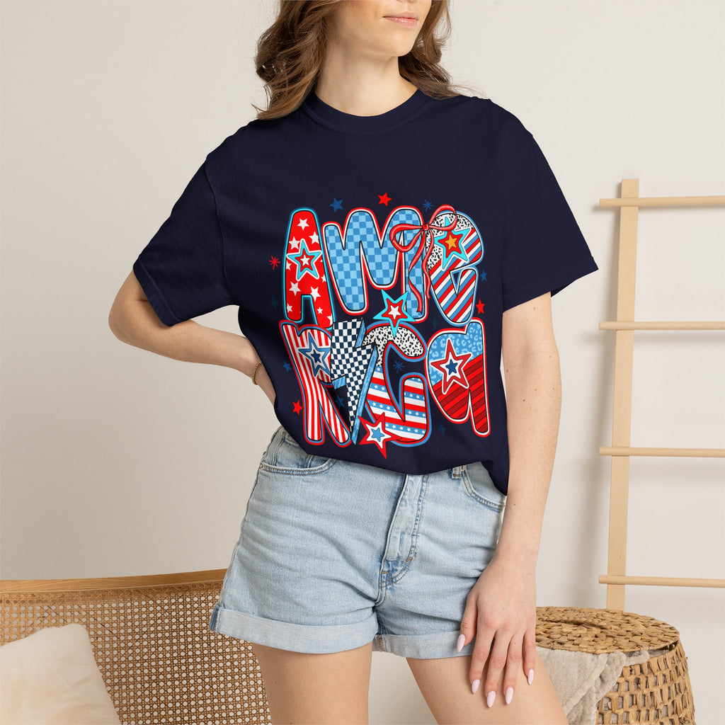 Patriotic 'AMERICA' Graphic T-Shirt – Red White Blue 4th of July Tee