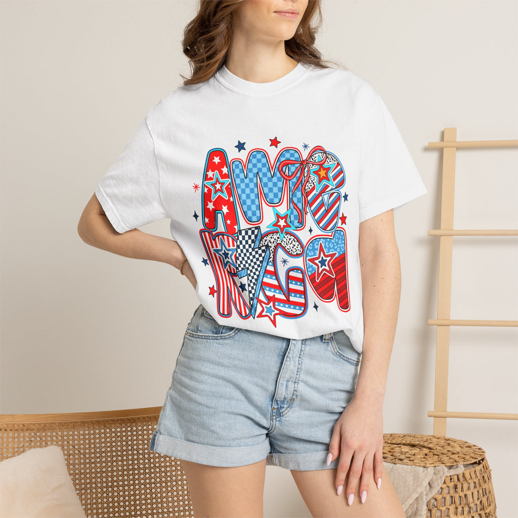 Patriotic 'AMERICA' Graphic T-Shirt – Red White Blue 4th of July Tee